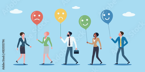 Diverse people holding balloons with different facial expressions representing emotions