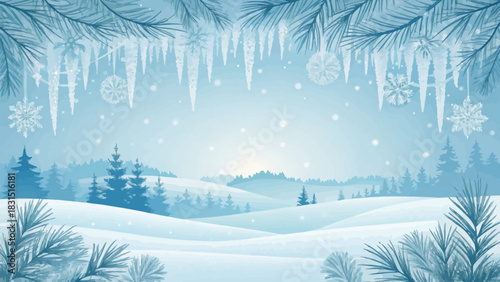 Vector christmas a winter landscape with snow covered hills and pine trees and icicles and snowflakes hanging from branches