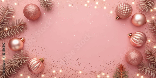 Vector christmas rose gold christmas ornaments and pine branches arranged on a pastel pink background with glittery lights