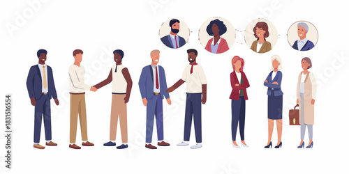 Diverse team of professionals with online meeting avatars and in person handshakes