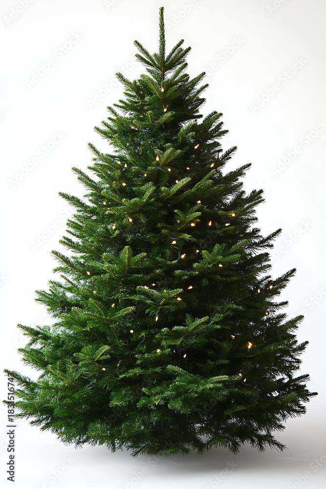 Fototapeta premium Celebrate the season with a classic fir Christmas tree adorned with twinkling lights against a crisp white backdrop
