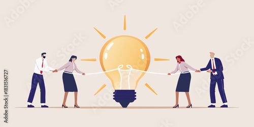 Business team tug of war with a giant light bulb idea concept