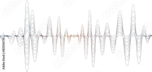 A visual representation of voice recognition waves with minimalis design, depicted as an abstract sound wave pattern in shades of gray and orange on a white background.