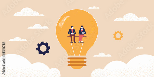 Businesspeople sitting inside lightbulb idea concept with clouds and gears