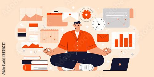 Meditating man surrounded by work related items in flat design style