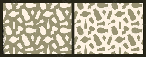 Set of two seamless boho patterns featuring abstract organic vase and pottery shapes on sage green and beige backgrounds