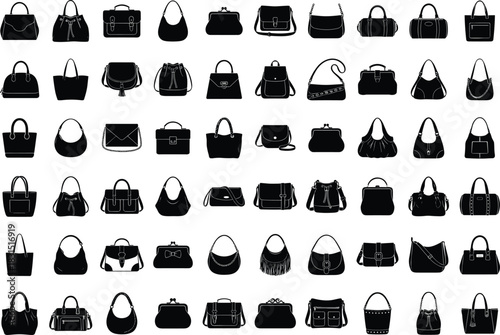Stylish handbag and purse silhouette set showcasing varied tote, clutch, shoulder, satchel, messenger and bucket bag icons for fashion design