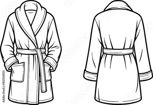 Bathrobe vector illustration, spa robe sketch, belt tie loungewear outline, casual luxury apparel, front and back view, wellness garment design template, isolated line art asset