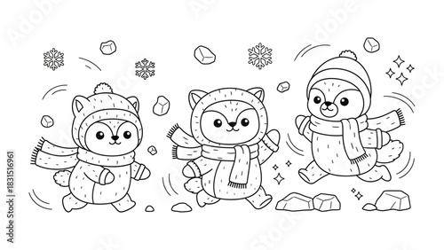 Winter's playful trio:  A playful group of winter animals enjoy the snowy day, surrounded by falling flakes. Illustrating the magic of winter and the innocence of youthful fun.