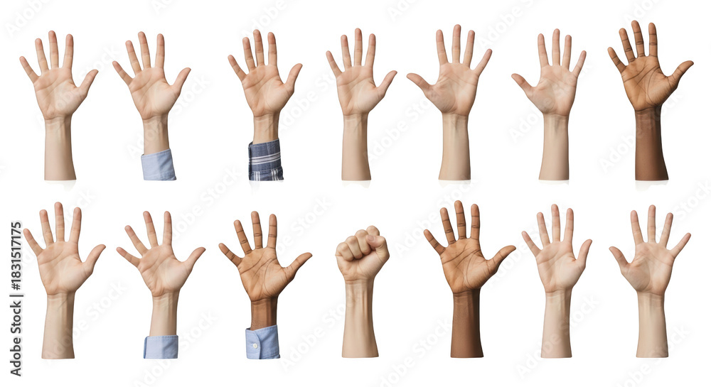 Obraz premium Modern diverse hands raised in unity and support concept showcasing hands, diverse, diversity aesthetic suitable for advertising or commercial visual content purpose