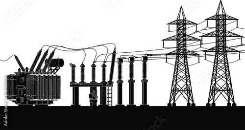 Electric substation line art, high voltage transformer, transmission grid tower sketch, insulators, power infrastructure drawing, energy engineering 
