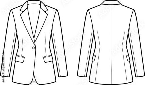 Elegant blazer illustration, women formal jacket sketch, front back view, single button coat drawing, office business fashion design, minimalist line art apparel illustration