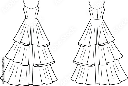 Layered dress illustration, spaghetti straps, ruffle tiered skirt, front and back view, evening gown sketch, party dress drawing, formal fashion line art, printable apparel design