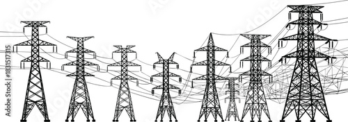 Power transmission towers illustration, electricity grid sketch, high voltage lines, industrial energy infrastructure, minimalist vector drawing, electric pylons, engineering line art, utility design
