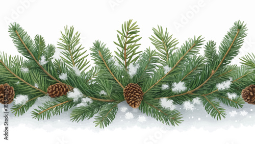 Vector christmas a festive border of green pine needles and brown pine cones covered in white snow on a white background