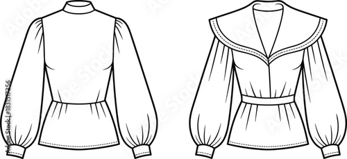 Puff sleeve blouse vector, sailor collar top sketch, fashion line art illustration, long sleeve shirt template, vintage casual apparel outline, garment front view isolated design asset