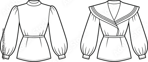 Puff sleeve blouse vector, sailor collar top sketch, long sleeve vintage shirt outline, fashion line art illustration, front view garment template isolated, casual apparel design asset