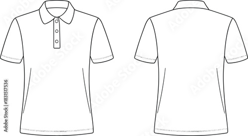 Women polo shirt illustration, front back view sketch, collared t-shirt drawing, button placket top, casual fashion apparel art, clothing linework, minimalist polo design