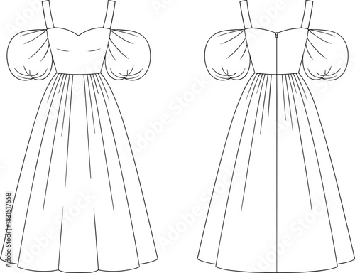 Women dress illustration, puff sleeves, sweetheart neckline, shoulder straps, pleated skirt, front back view, vintage formal gown sketch, minimalist fashion apparel line art designv