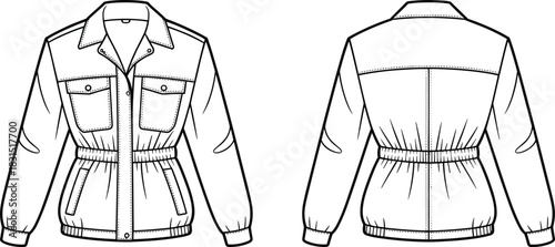 Women utility jacket illustration, front and back view, drawstring elastic waist, button flap pockets, fashion sketch, long sleeve outerwear line art, modern casual apparel design drawing