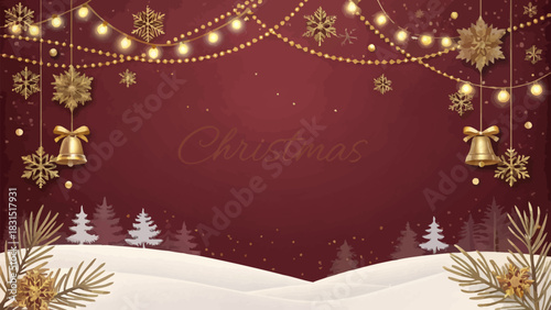 Vector christmas elegant christmas scene with golden bells snowflakes and string lights on a maroon background