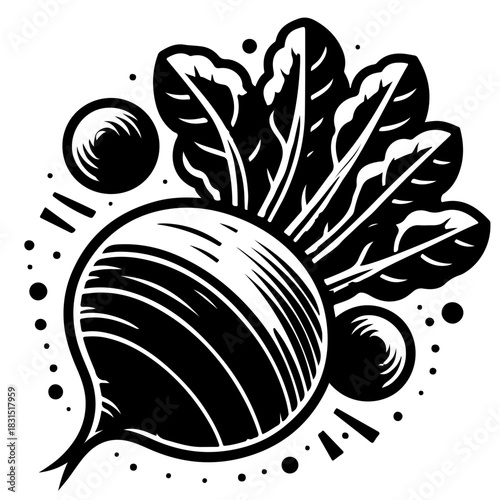 Illustration of a beet vegetable with leaves and decorative elements in black and white style art