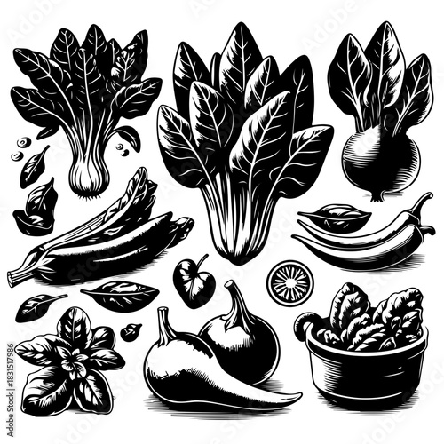 Illustration of various vegetables including spinach, chili peppers, and eggplant in black and white
