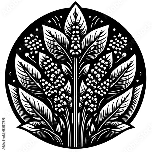 Illustration of a stylized plant with leaves and berries in a circular black and white design style