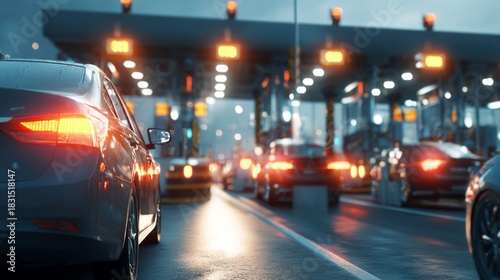 Busy toll booth scene with cars waiting in line during twilight, showcasing urban infrastructure, traffic management, and evening ambiance