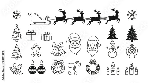 Holiday Icon Assortment: A festive ensemble of Christmas icons, capturing the essence of the season with illustrations of Santa Claus, reindeer, and more. 