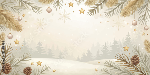 Vector christmas aesthetic winter background with christmas ornaments and pine branches in a soft color palette