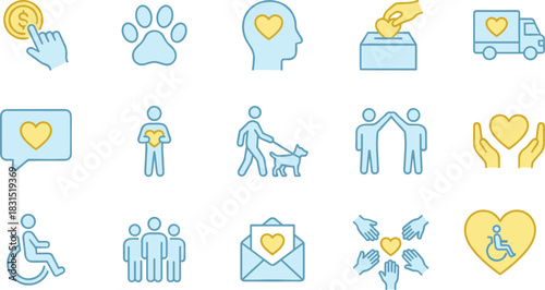 Charity, donation, and volunteering vector line icons set: community support, disability care, animal welfare, medical aid, helping hands, and giving love