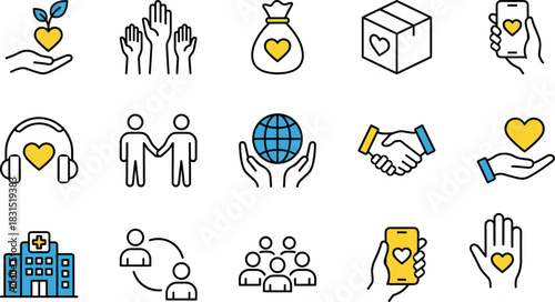 Charity, volunteering, and donation vector line icons collection: helping hands, community support, global aid, volunteer work, giving money, love, and care concept