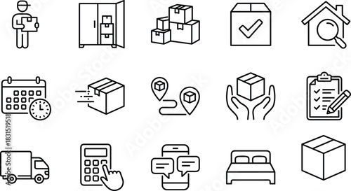 Logistics and delivery service line icons, transportation and storage business, home moving, calendar scheduling, cargo shipping route tracking, online calculator for cost estimation