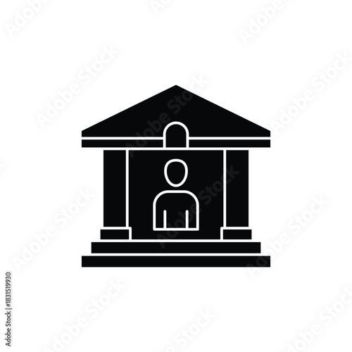Black bank building icon with person silhouette representing financial institution services.