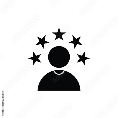 Black silhouette of a person with five stars above their head, representing top performance or excellent rating.