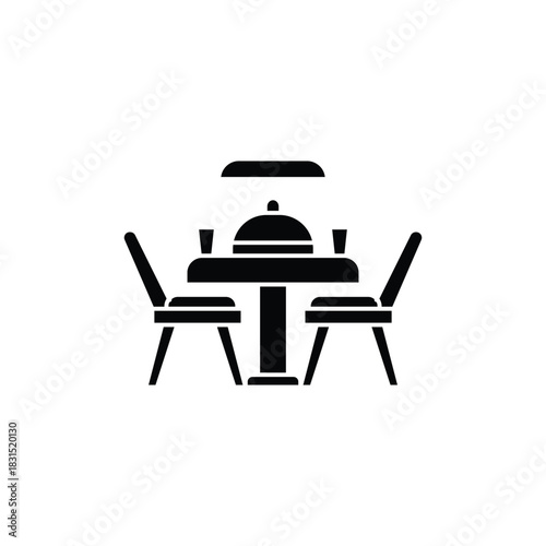 Minimalist black dining table and chairs with cloche centerpiece icon.