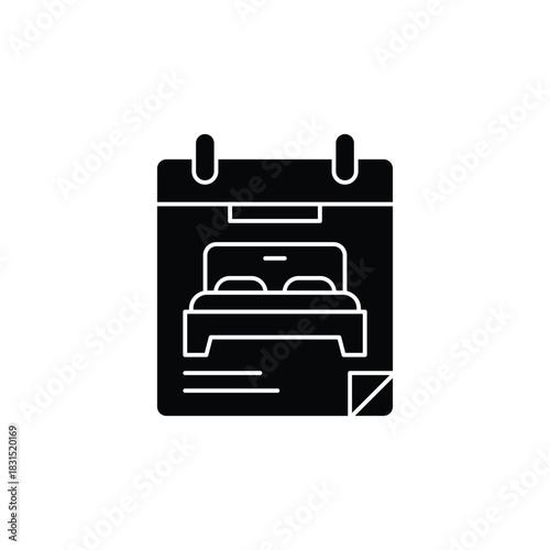 Hotel room reservation calendar icon, showing a bed within a date planner, symbolizing booking accommodation.