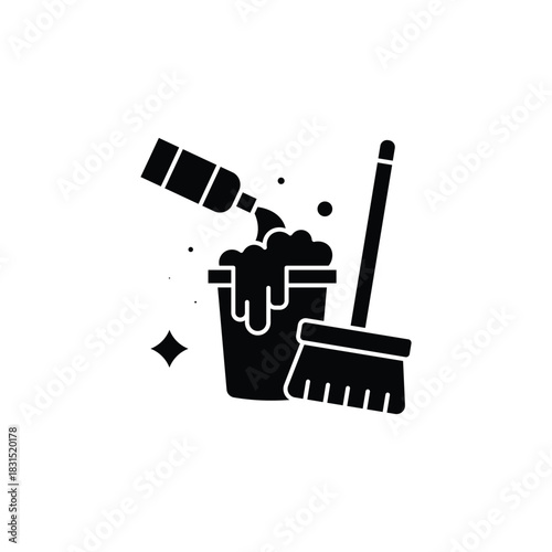 A black silhouette icon depicting cleaning supplies with a bottle pouring liquid into a sudsy bucket next to a broom.