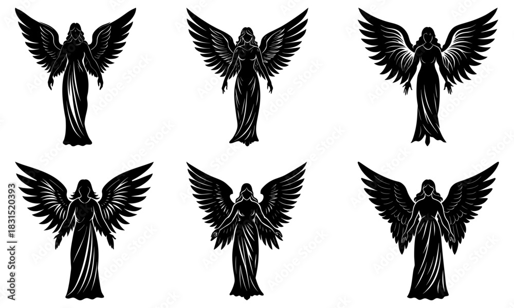 Obraz premium Angelic silhouettes soaring with powerful wings, inspiring spiritual strength and grace, perfect for fantasy art, gothic designs, and evocative storytelling