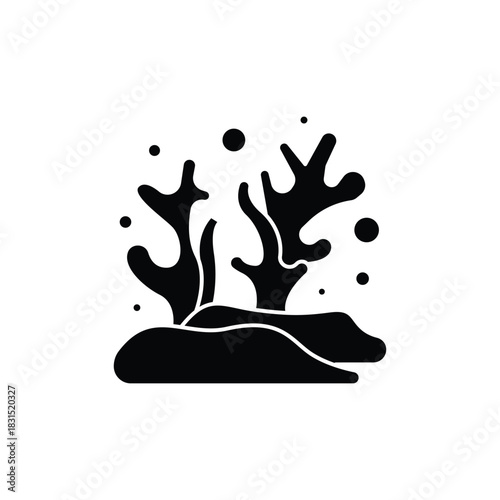 Black silhouette of underwater coral or seaweed with bubbles on a white background, simple graphic illustration.