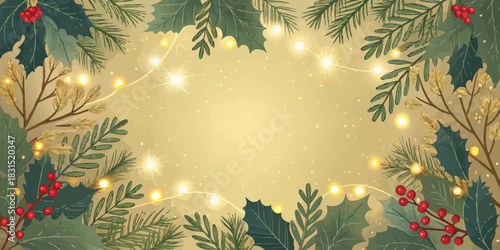Vector christmas illustration of christmas foliage with holly berries and string lights on a beige background