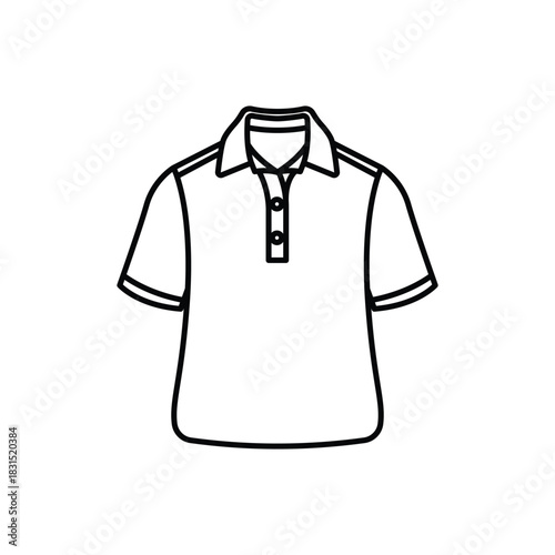 Black and white line art drawing of a short-sleeved polo shirt with a collar and three buttons.