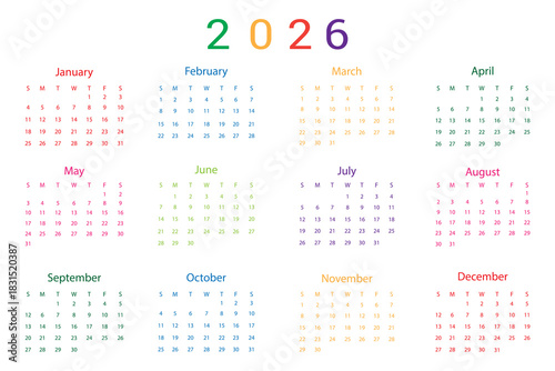 2026 year monthly office planner, calendar starts monday, two red weekends, white background, german months name, 12 month planner grid