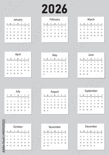 2026 whole year monthly office planner or wall calendar horizontal grid layout, monday first, two weekends, each month on separated page, ready for print 