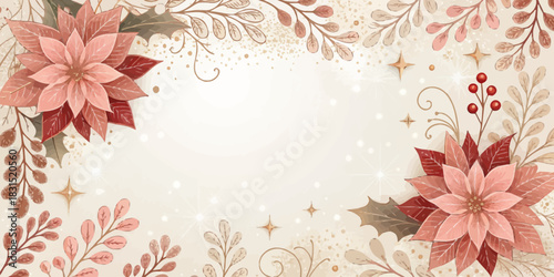 Vector christmas watercolor poinsettia and foliage frame with stars and berries for christmas and winter design
