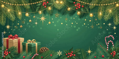 Vector christmas festive christmas scene with gifts pine branches lights and ornaments against a green background design
