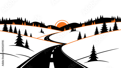 Winter landscape with winding road and sunset in the mountains.