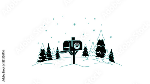 Winter Mailbox Scene with Snow and Pine Trees.