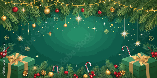 Vector christmas a festive christmas background with gifts, ornaments, and pine branches creating a holiday atmosphere
